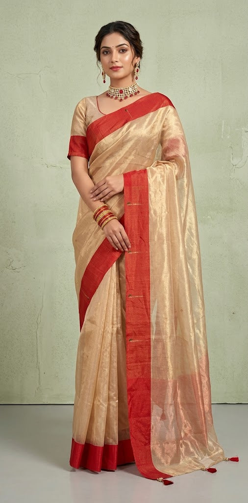 Tissue Chanderi handloom saree with red border and muniya weave, stitched blouse
