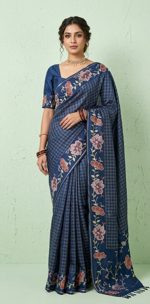 Semi tussar saree with embroidery and stitched blouse