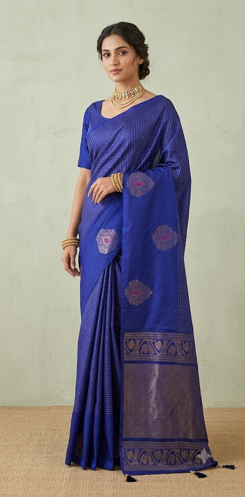 Blue pure Kanchivaram soft silk saree with stitched blouse