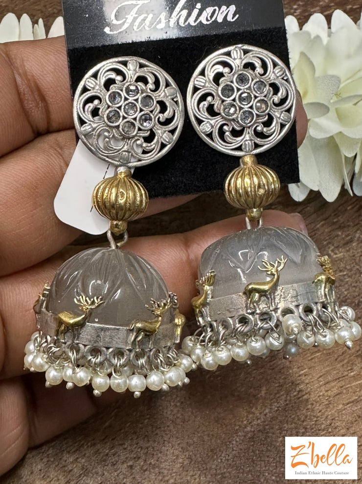 Carved Grey Stone Jhumka Earrings Silver Tone