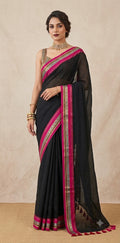 Black jaquard temple border 120 count mulcotton saree