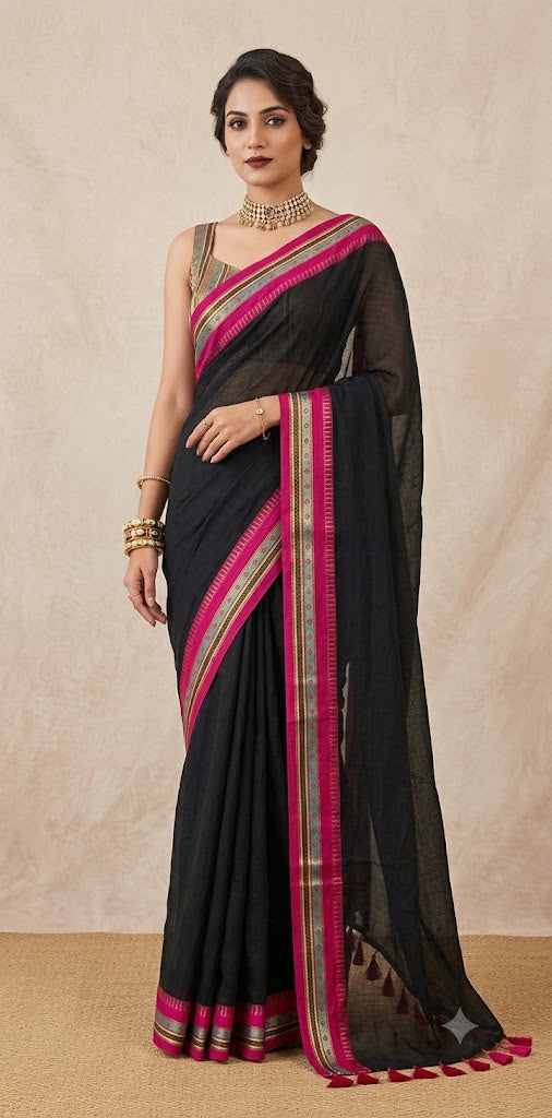 Black jaquard temple border 120 count mulcotton saree