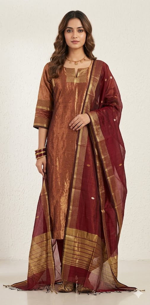 Maheshwari tissue cotton kurti with bottom and dupatta