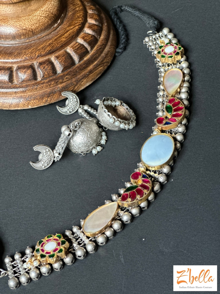 Choker With Temple Stones And Jhumka Necklace
