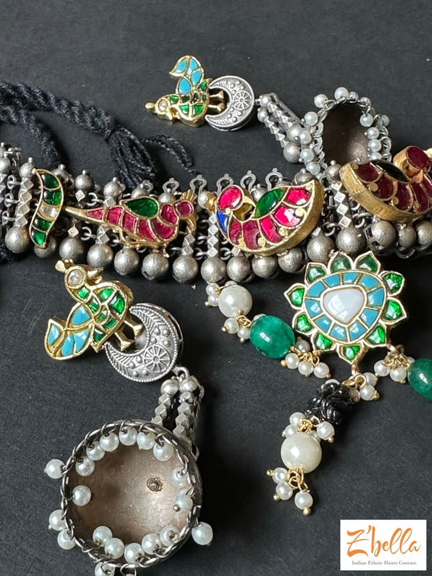 Choker With Temple Stones And Jhumka Necklace