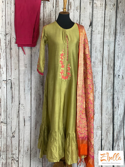 Clearance - Embroidered Olive Green Front Slit Full Length Top With Ankle Pants Comes Printed