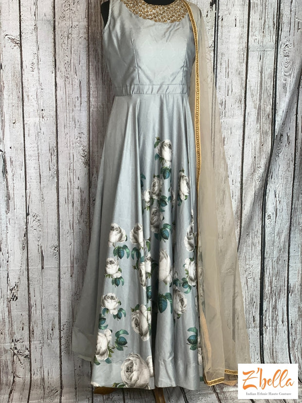 Clearance - Grey Gown With Work On Neck And Floral Design Gown