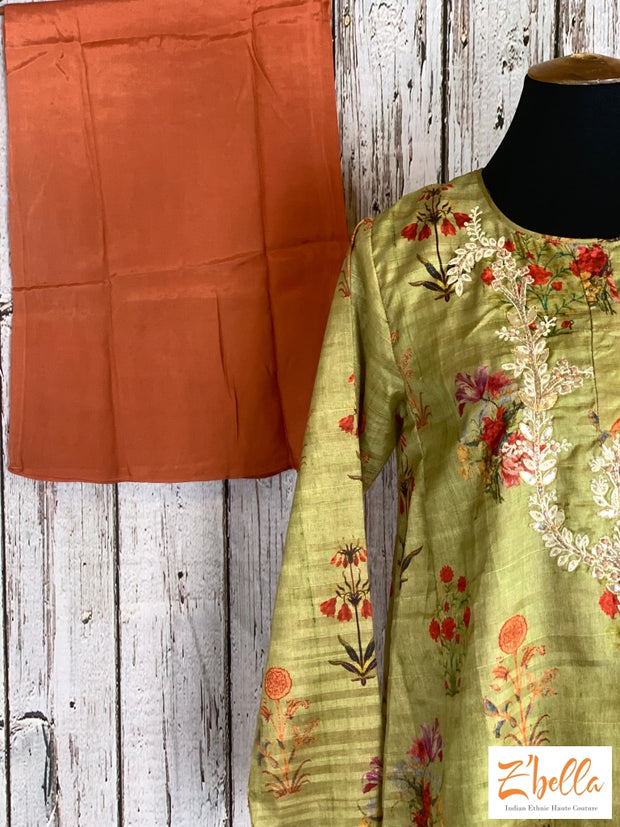Clearance - Olive Green High Low Top With Burnt Orange Palazzo Salwar Suit