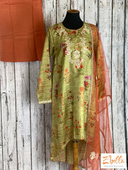 Clearance - Olive Green High Low Top With Burnt Orange Palazzo Salwar Suit