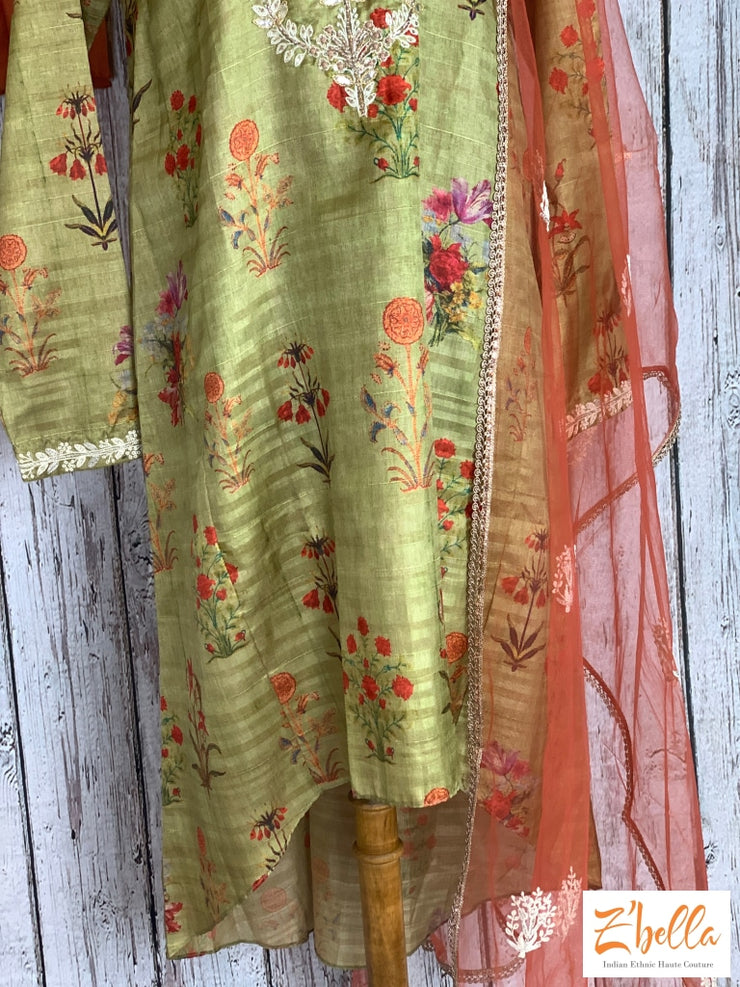 Clearance - Olive Green High Low Top With Burnt Orange Palazzo Salwar Suit