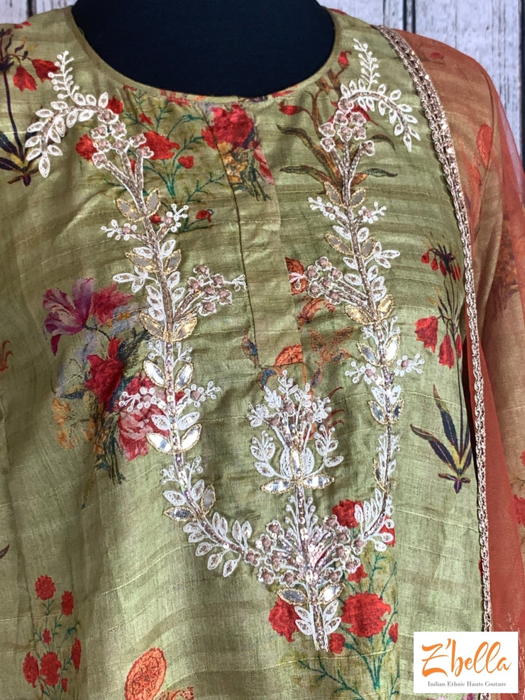 Clearance - Olive Green High Low Top With Burnt Orange Palazzo Salwar Suit