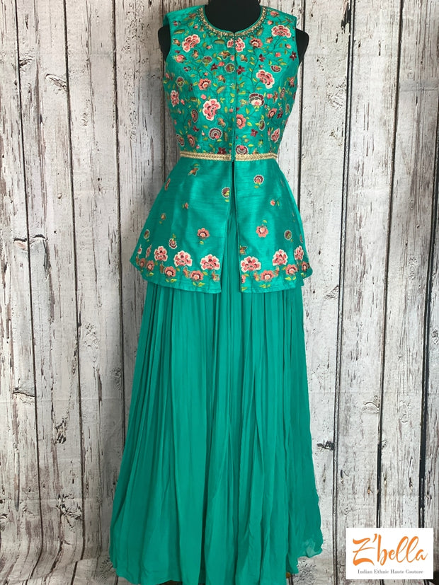 Clearance - Peacock Green Skirt With Embroidered Peplum Top (No Dupatta) Lehanga