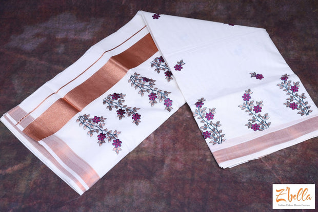 Copper Zari And Magenta Thread Embroidery Set Saree Saree