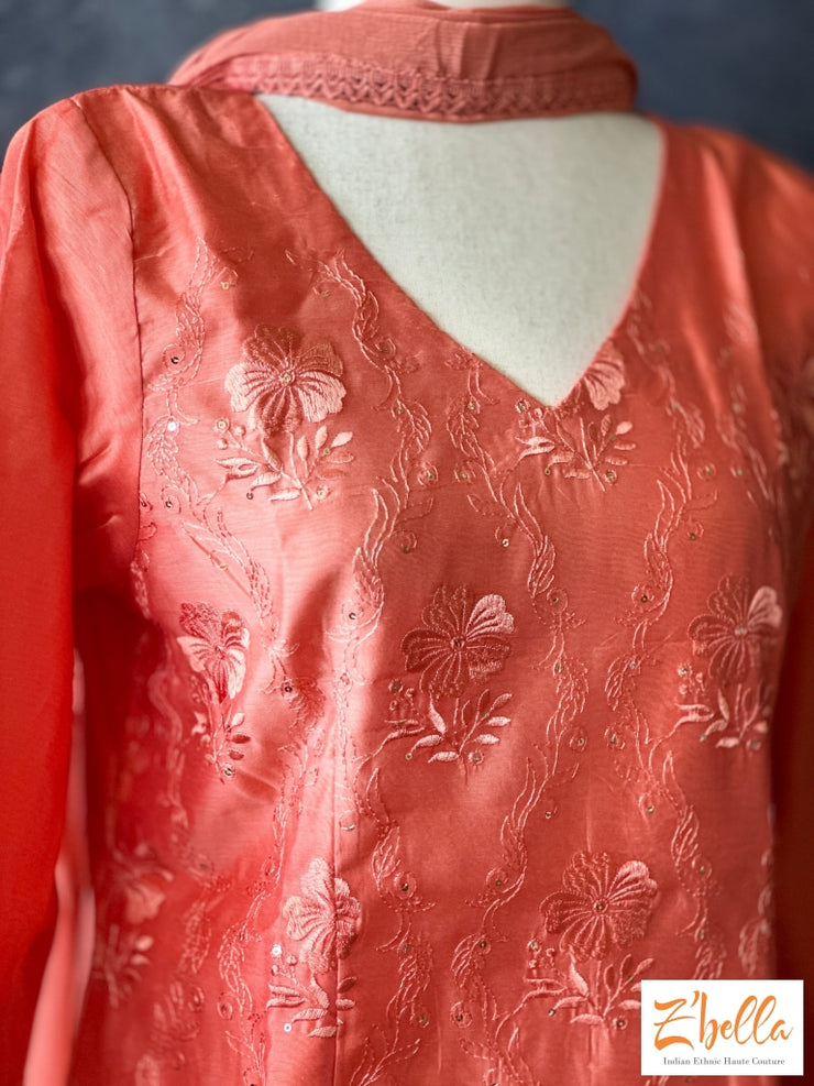 Coral Color Chanderi Silk Kurti With Bottom And Dupatta Kurti