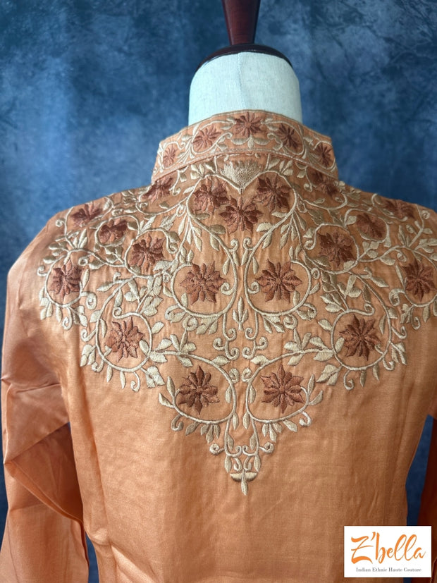 Coral Color Silk Kurti With Emroidery On Front And Back Neck Kurti