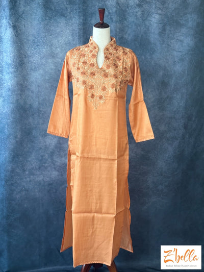 Coral Color Silk Kurti With Emroidery On Front And Back Neck Kurti