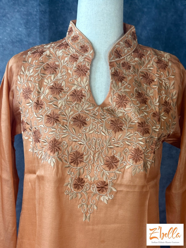 Coral Color Silk Kurti With Emroidery On Front And Back Neck Kurti