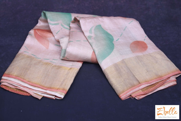 Creme Color Hand Painted Zari Border Tussar Silk Saree With Stitched Blouse Saree