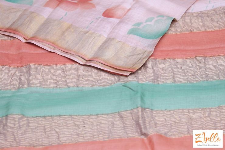 Creme Color Hand Painted Zari Border Tussar Silk Saree With Stitched Blouse Saree