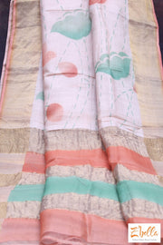 Creme Color Hand Painted Zari Border Tussar Silk Saree With Stitched Blouse Saree