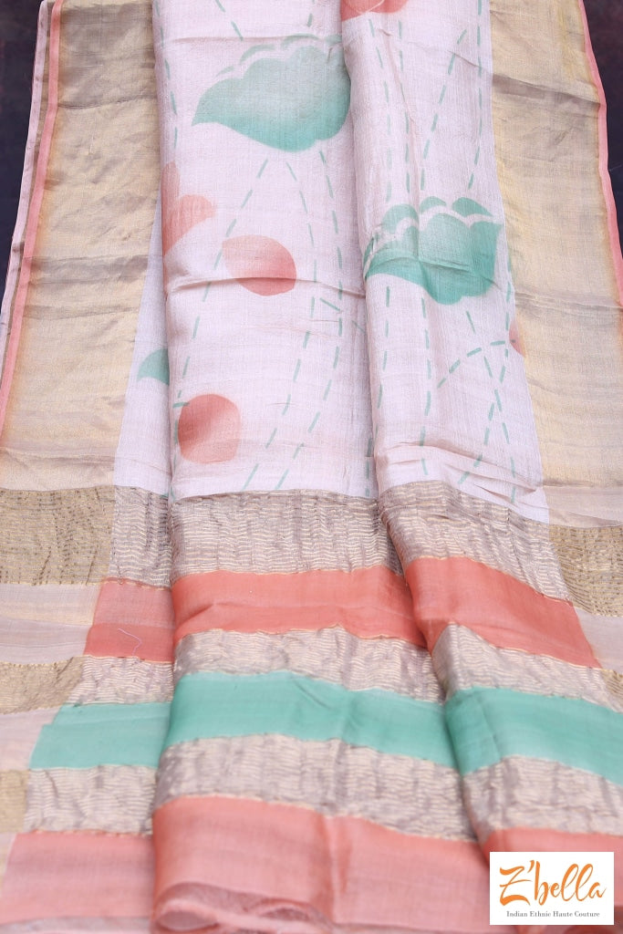 Creme Color Hand Painted Zari Border Tussar Silk Saree With Stitched Blouse Saree