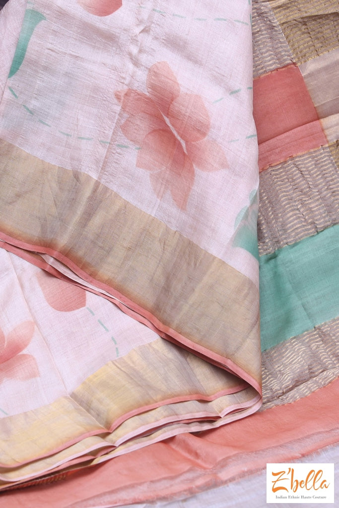 Creme Color Hand Painted Zari Border Tussar Silk Saree With Stitched Blouse Saree