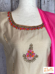 Creme Color Top With Pink And Gold Embroidery Dupatta Churi Bottom Salwar Suit