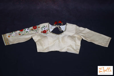 Creme Cotton Silk Blouse With Long (15.5Inch) Sleeve And Embrodery On One Blouse