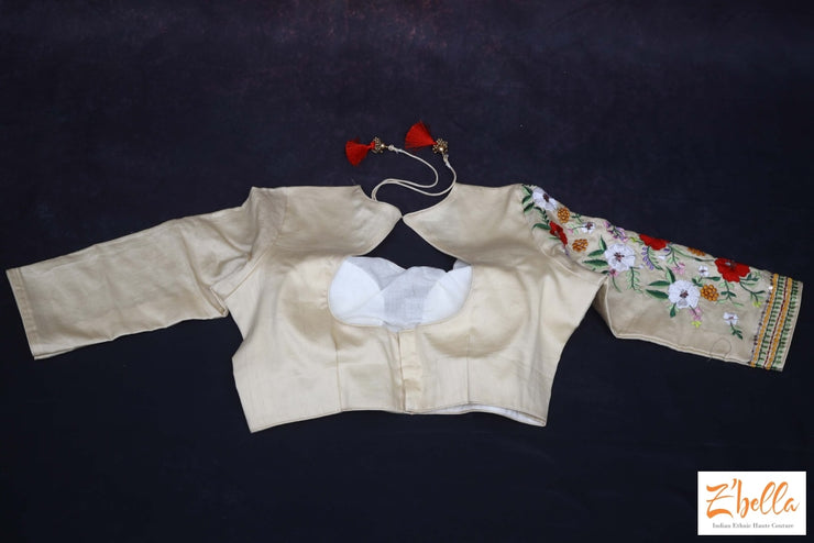 Creme Cotton Silk Blouse With Long (15.5Inch) Sleeve And Embrodery On One Blouse