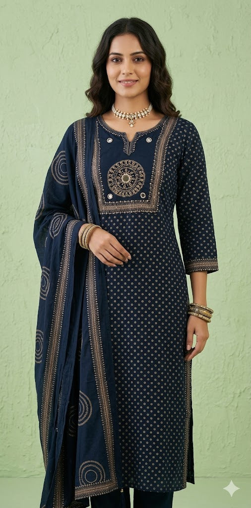 Navy blue cotton kurti with bottom dupatta