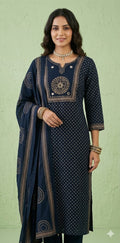 Navy blue cotton kurti with bottom dupatta