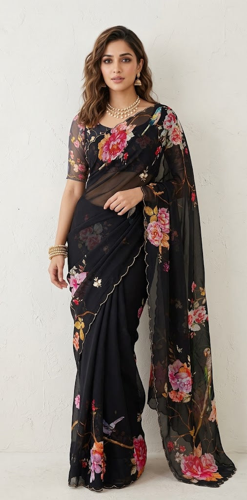 Georgette digital Printed saree with bead work and stitched blouse