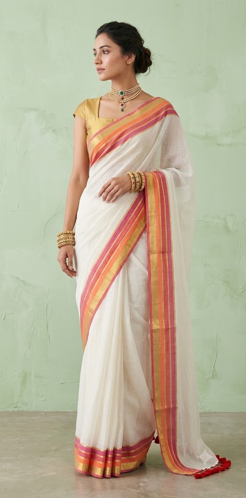 Red orange and pink border 120 count mulcotton saree