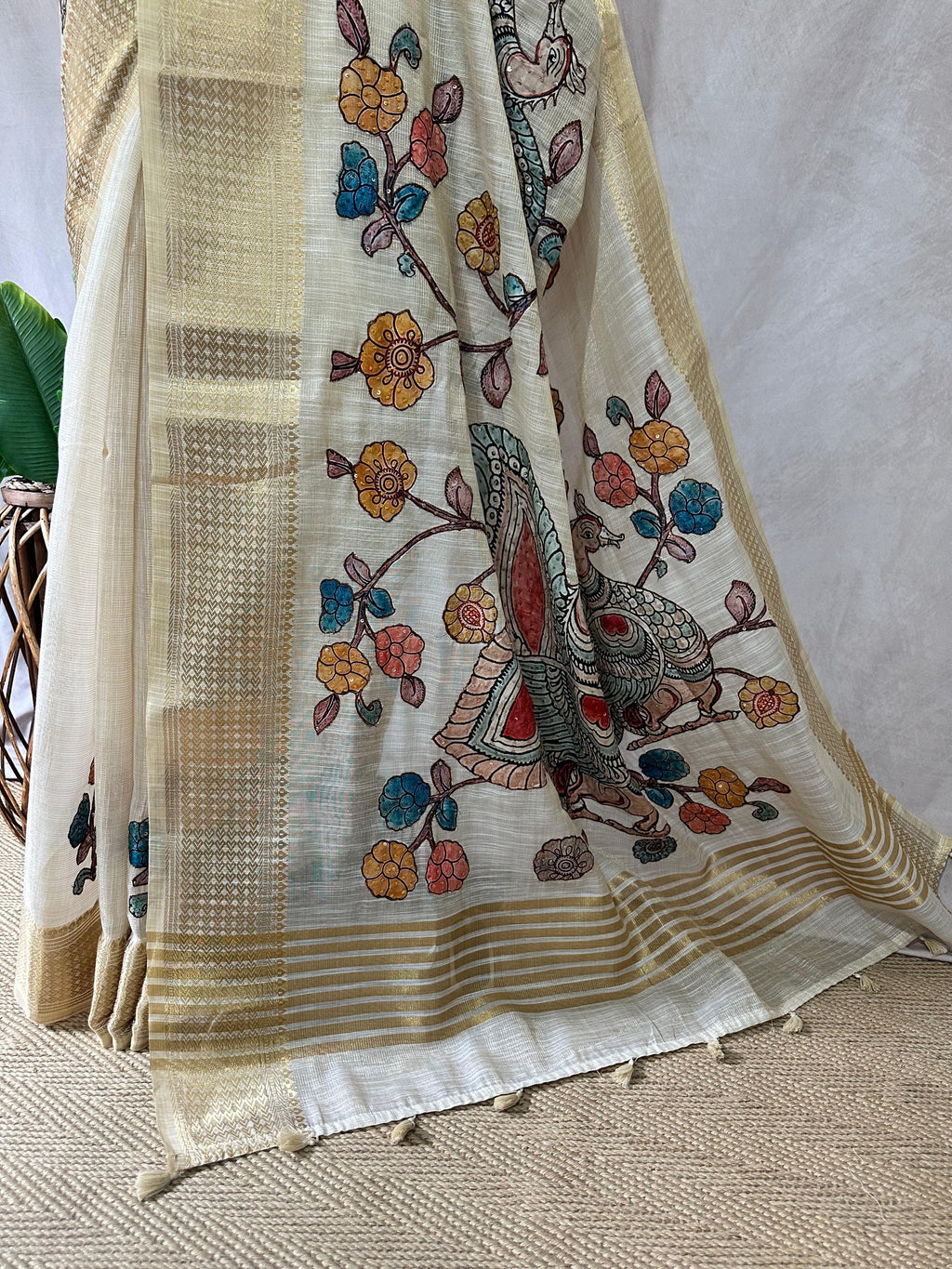 Soft linen tissue saree with kalamkari patch work and banarsi border, with BP