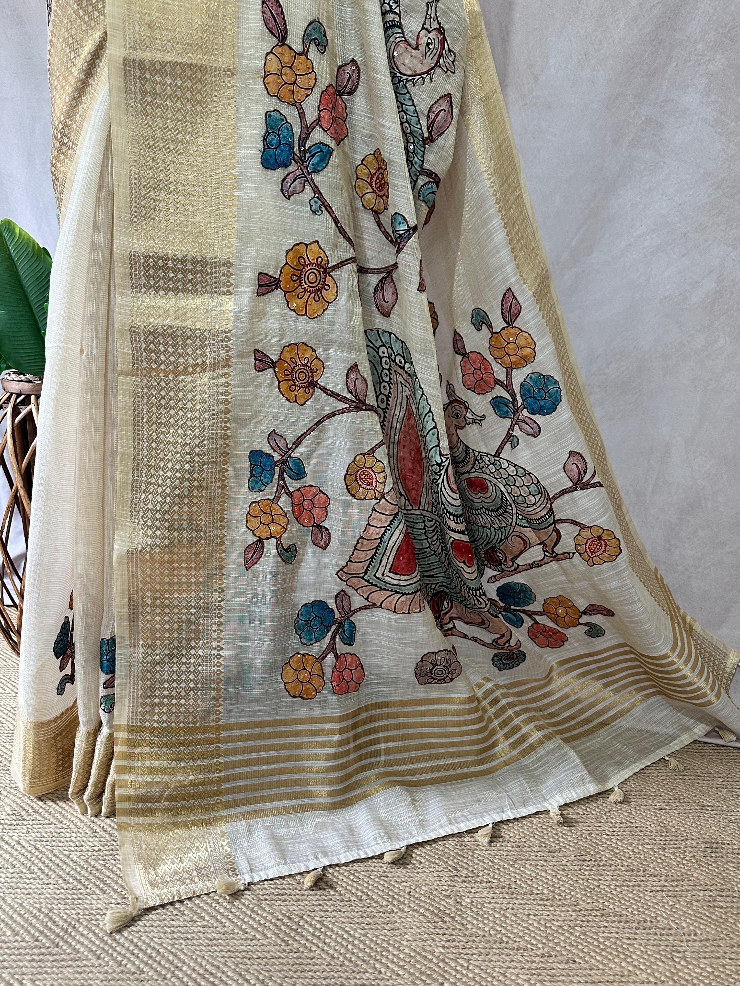Soft linen tissue saree with kalamkari patch work and banarsi border, with BP