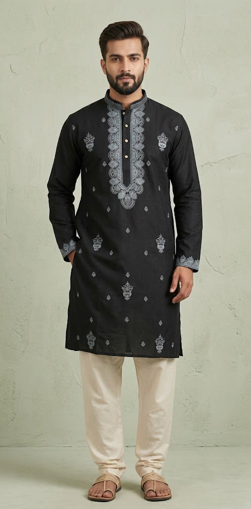 Black soft cotton kurta with neck emroidery