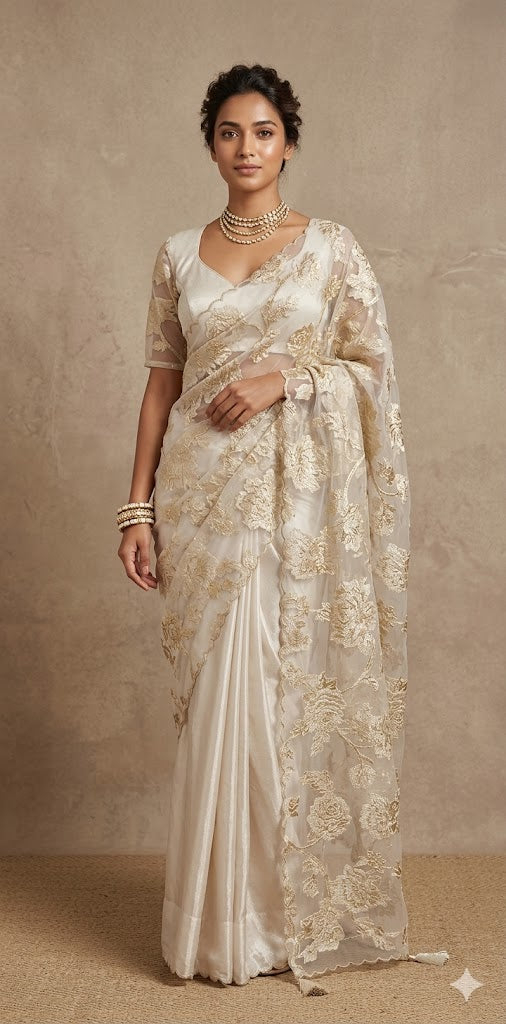 Off white turkkish organza saree with stitched blouse