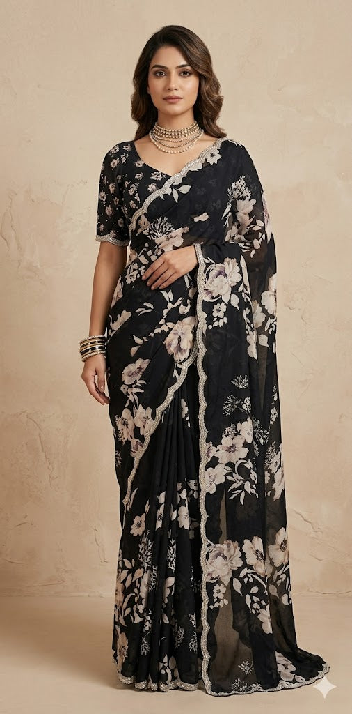 Black designer Crepe saree with floral print and blouse