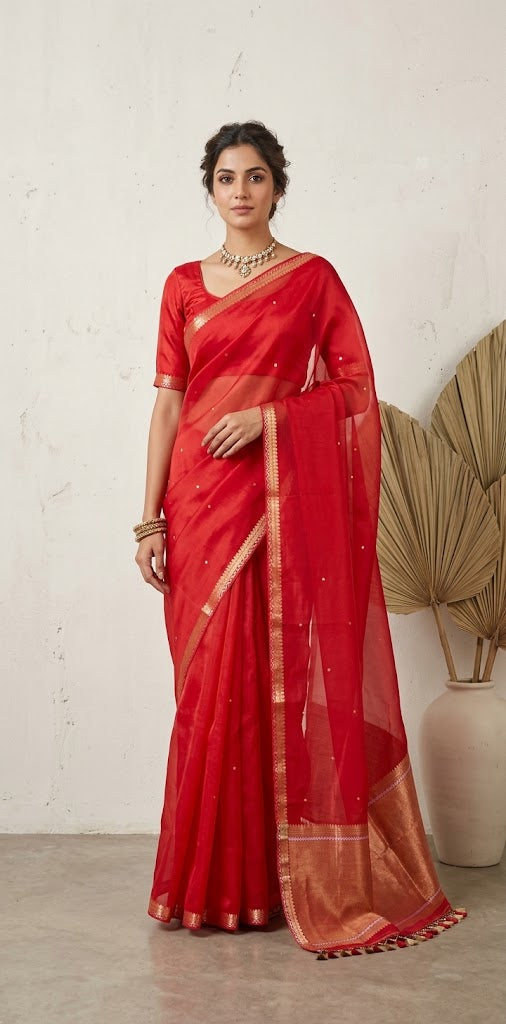 Kora silk saree with small border and stitched blouse and under skirt