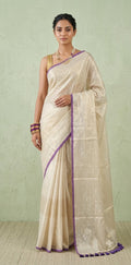 Mauve purple 120 count mulcotton saree with zari lines