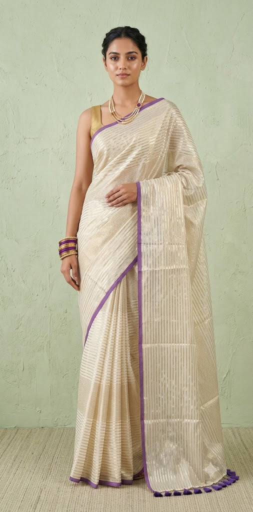Mauve purple 120 count mulcotton saree with zari lines