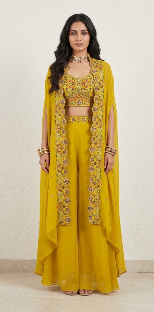 Greenish yellow palazzo with shrug