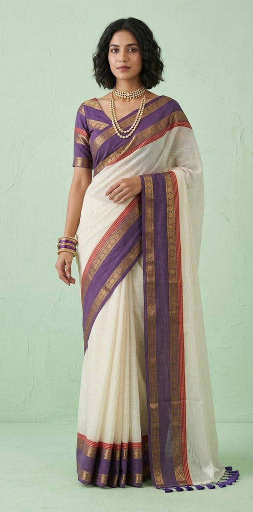 Purple kanchi border 120 count mulcotton saree