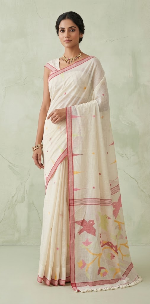 Handloom Khadi cotton saree with hand jamdani
