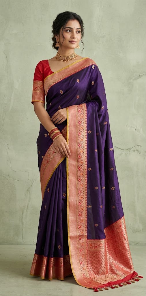 Purple pure Banarsi katan saree with stitched blouse