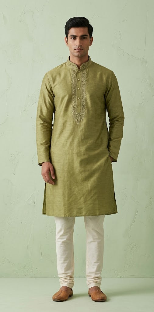 Olive green cotton silk kurta with hand embroidery