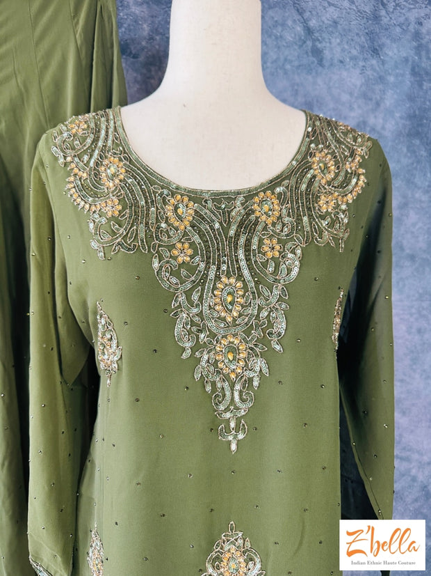 Dark Olive Green Short Top With Hand Embroidery Comes Flared Palazo And Dupatta Kurti
