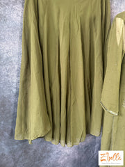 Dark Olive Green Short Top With Hand Embroidery Comes Flared Palazo And Dupatta Kurti