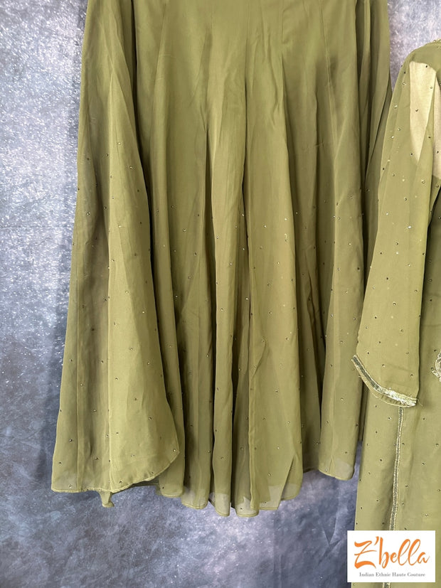 Dark Olive Green Short Top With Hand Embroidery Comes Flared Palazo And Dupatta Kurti