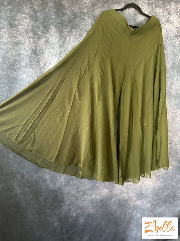 Dark Olive Green Short Top With Hand Embroidery Comes Flared Palazo And Dupatta Kurti